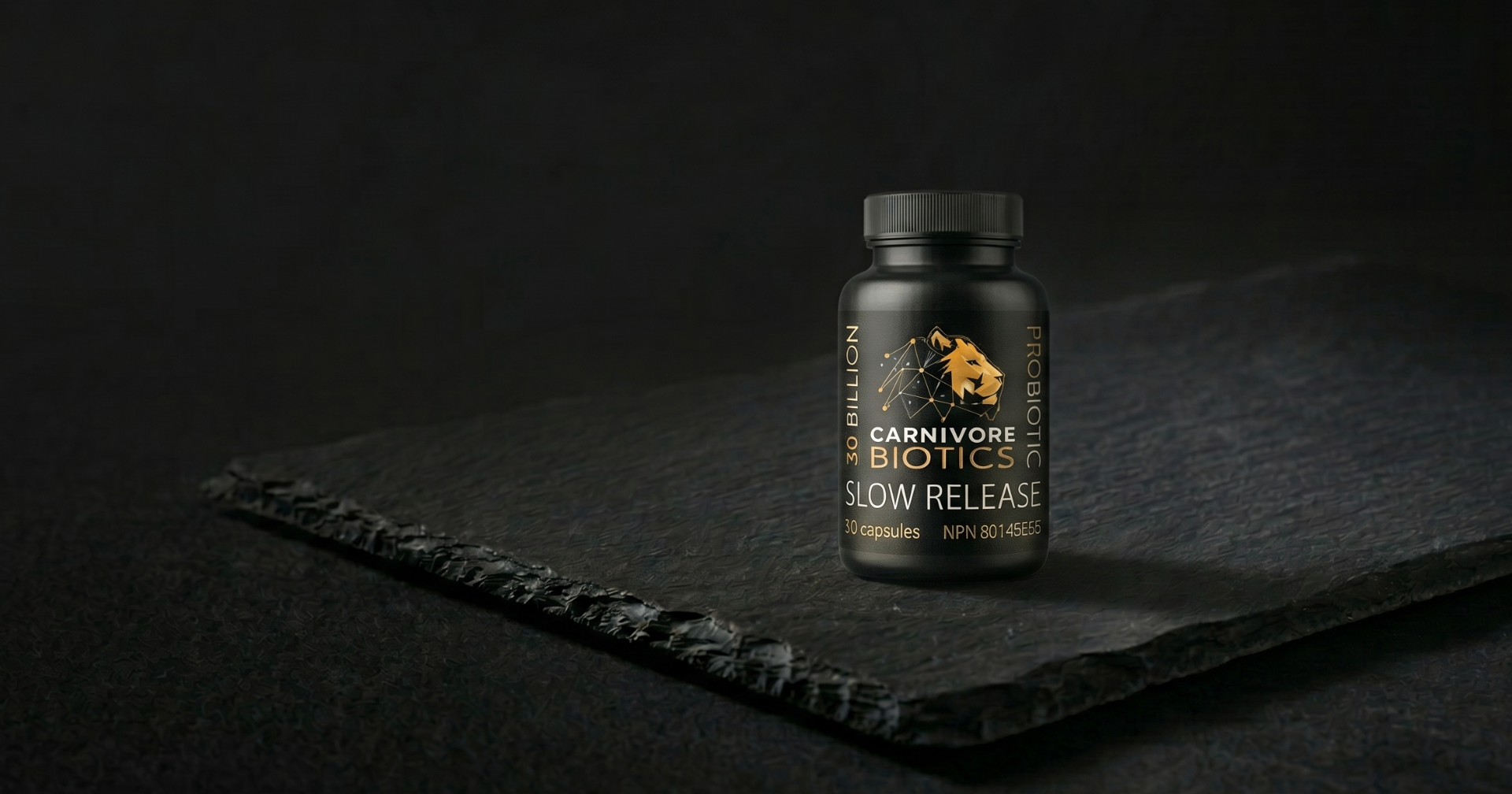 Carnivore Biotics probiotic bottle on slate