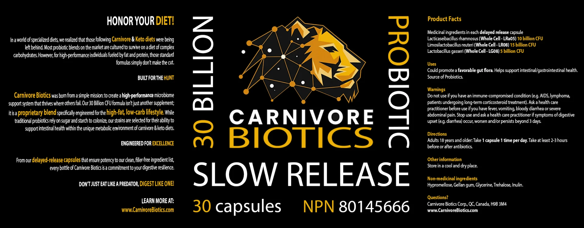 Carnivore Diet Probiotic Supplement Label - 30 Billion CFU Strain Facts